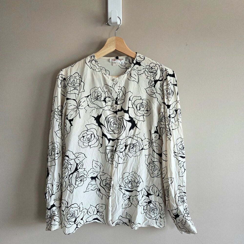 Vintage 100% Silk 90sSillk Dragon shirt blouse black floral design AS IS
